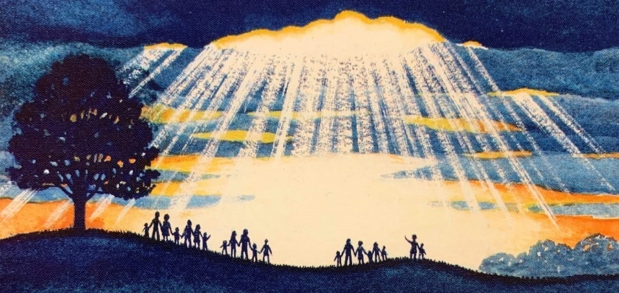 Illustration of families on a hillside with rays of light breaking through the clouds